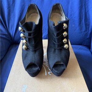 Christian Louboutin Black Peep-Toe Booties with Gold Dome Accents